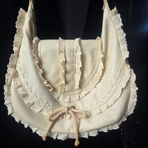 Cottagecore Eyelet Lace Ruffle Hobo Bag Cream Faux Leather Coquette Purse AS-IS